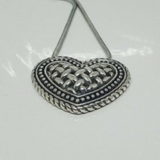 Silver Tone Heart Necklace Waffle Design Marked Signed B 18" Adjustable Length 