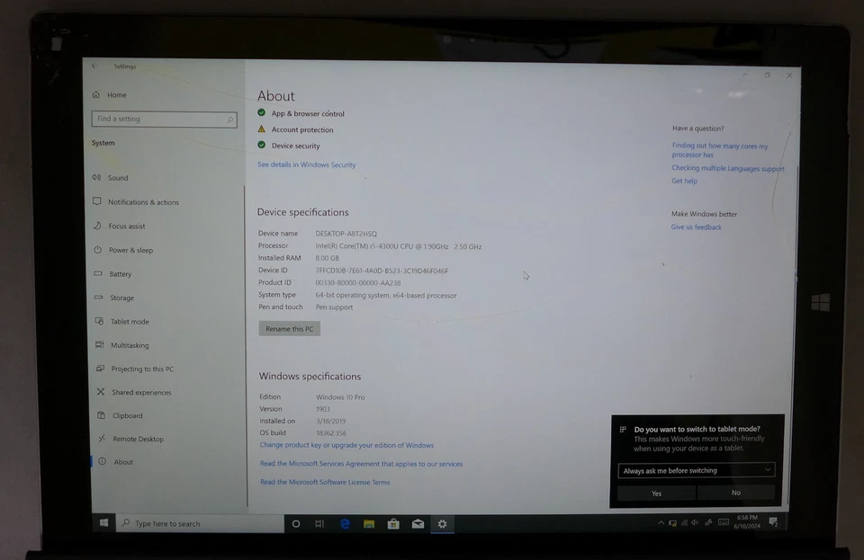 Microsoft Surface pro 3, 13", i5, 8GB, 256GB- Touch doesn't work, Broken Display - Image 2 of 4