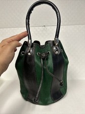 Vintage Valentina Italy Green & Black Leather Drawstring Bucket Bag ~nice~