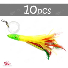 10pcs Mexican Flag 6" Fishing Tuna Feather head Jet Rigged Lure Double tuna Hook