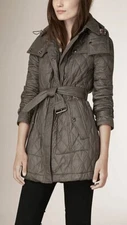 NWT Burberry Brit Nova Check Finsbridge Belted Quilted Jacket Coat Mink Grey XS