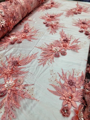 Coral 3D Floral Lace Fabric with Rhinestones and Beaded Embroidery - Perfect for - Picture 4 of 9