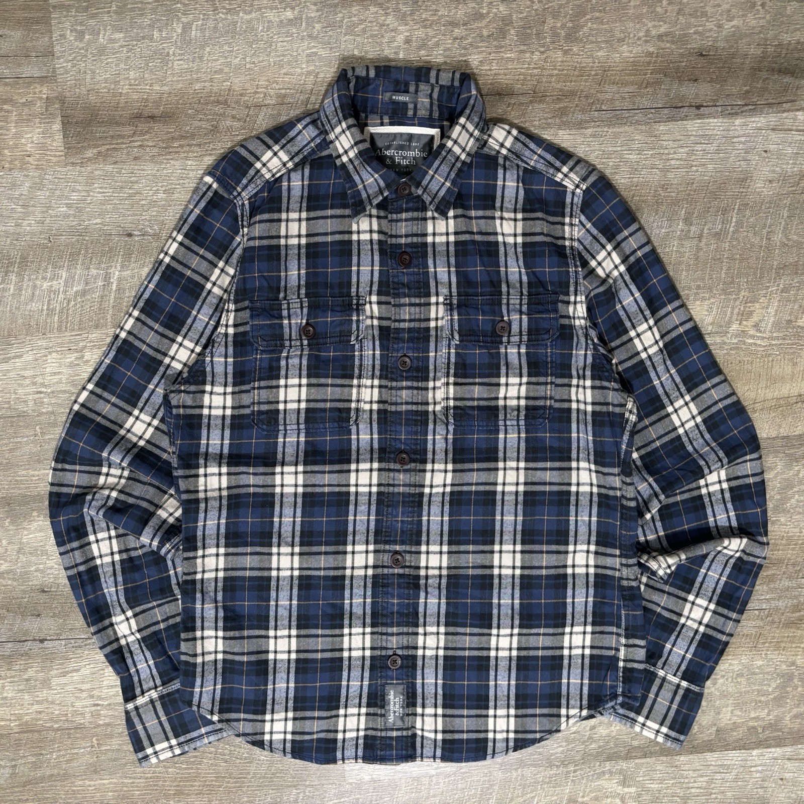 Abercrombie & Fitch Flannel Shirt Men's M Muscle Blue Plaid Vintage Y2K Outdoor