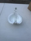 Vintage Small White & Clear Fenton Glass Handled W/ Ruffled Basket