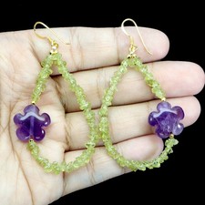 925 Sterling Silver Earrings Flower Carving Amethyst 15mm Peridot Gem Jewelry