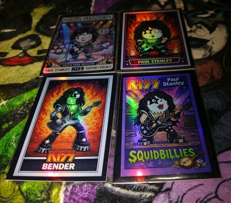KISS 4 MINT TRADE CARDS RAINBOW HOLOFOIL CARTOONS ALL PAUL STANLEY