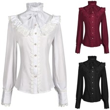 Women's Retro Victorian Steampunk Gothic Slim Lace Ruffle Bow Shirt Blouse Tops