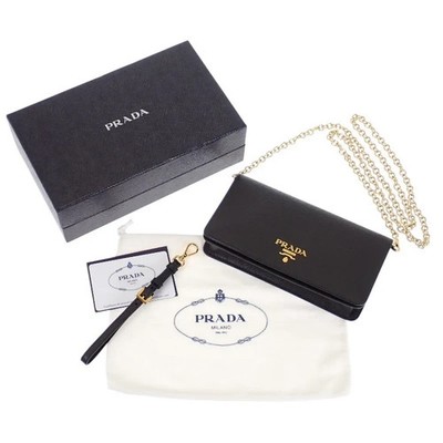 PRADA Saffiano Leather Wallet Chain Black Gold Hardware Women's Accessorie ISY