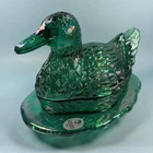 Fenton Spruce Green Carnival Glass Nesting Mallard Duck Covered Dish VTG ~ Nice!