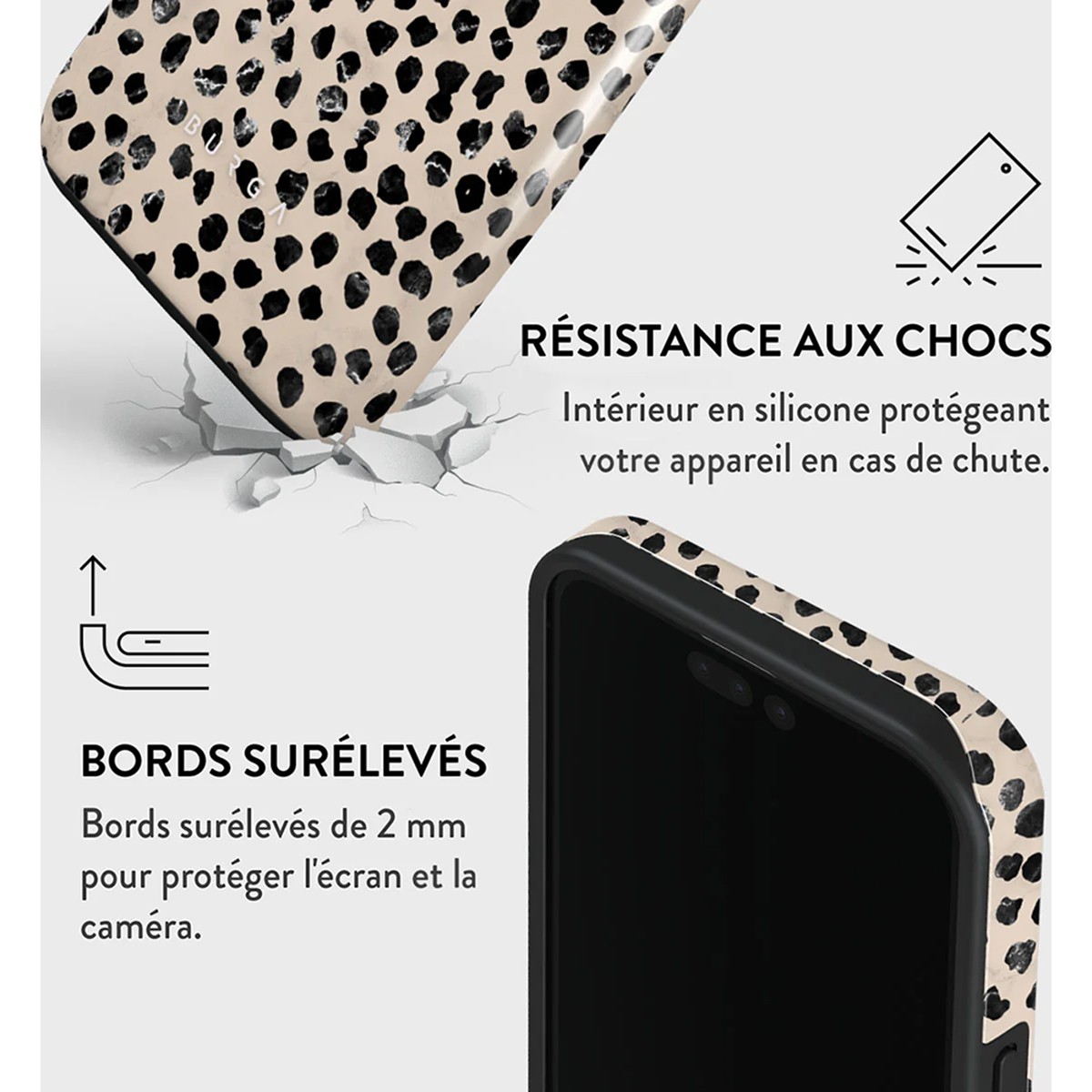 Coque iPhone 15 Pro Max antichoc Burga beige résout le risque de casse