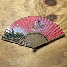 Vintage Wooden and Paper Hand Fan Fold Up 1920-1930s Spain Carved - Antique