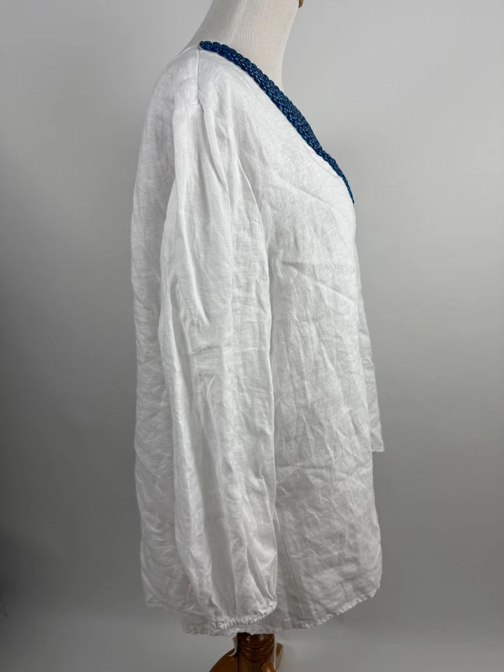 Camisa Blusa Top Mujer FORCYNTHIA Blanco Lino Azul Cuentas Cuello en V XL Foto 2 de 4