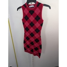 Zara Womens XS Red Argyle Knit Sleeveless Bodycon Mini Dress Pink Black Preppy