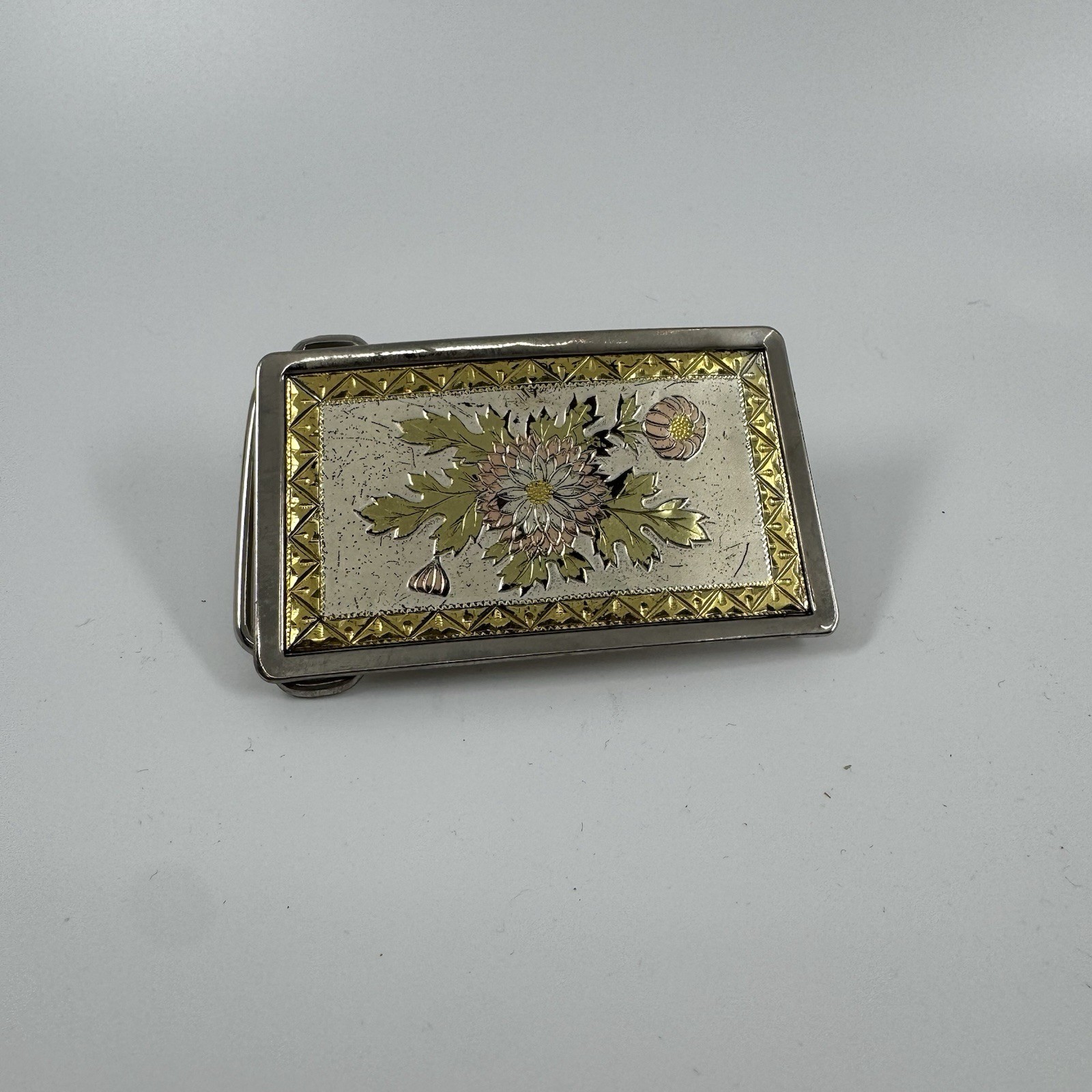 Vintage Rockmount  Silver  Belt Buckle Flowers With Gold & Pink South Dakota