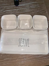 RAE DUNN 5 PIECE PARTY SET SPREAD, DIP, DUNK AND SERVE ALL ON TRAY, NO CHIPS