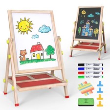 JOYOOSS Wooden Adjustable Easel for Kids Ages 4-8 Red - Chalkboard Magnetic Dry