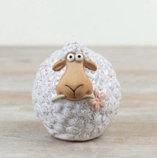 SMALL CERAMIC SHEEP WITH FLOWER IN MOUTH Ornament Home Decor Patio Figure H10cm