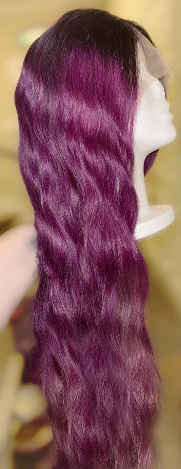 Gorgeous,28 Inch Long,100% Human Hair, Cosplay,Black Roots W/ Bright Purple Wig - Image 4 of 4