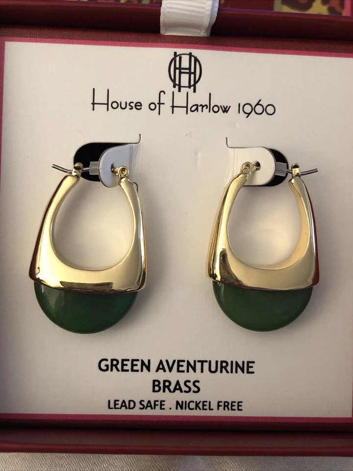 House Of Harlow 金色和抽象椭圆形绿色 Aventurine 耳坠 全新带盒 — 第 4/4 张图片