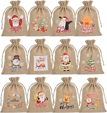 Christmas Small Burlap Bags with Drawstring, Burlap Gift Bags Christmas Linen Tr