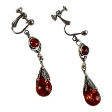 Arts and Crafts Style Silver Baltic Amber Drop Teardrop Earrings Screw Back Clip