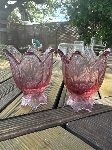 Pair Of 2 Vtg Fenton Art Glass Tulip Shape Pink Two Way Votive/Candle Holder USA