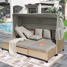 4 Piece Wicker Rattan Patio Sofa Conversation Set w/ Retractable Canopy Cushions