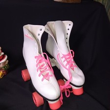 Genuine Roller Derby Vintage Roller Skates White Hot Pink Wheels Woman Size 9
