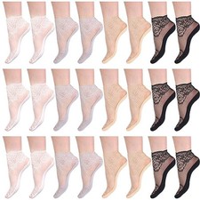 Geyoga 12 Pairs Women's Lace Ankle Socks Mesh One Size Gray, Black, Skin, White
