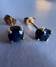 9ct Yellow Gold 375 Round Blue Sapphire Gemstone Stud Earrings Vintage 3.7mm