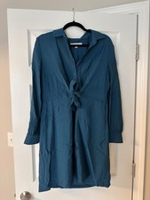 LOFT Teal Tie-Front Collared Long Sleeve Shirt Dress Knee Length Size 10