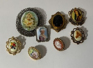 Vintage to Modern Cameo Brooches Pins Lot (8) Need Repairs One Signed One Black