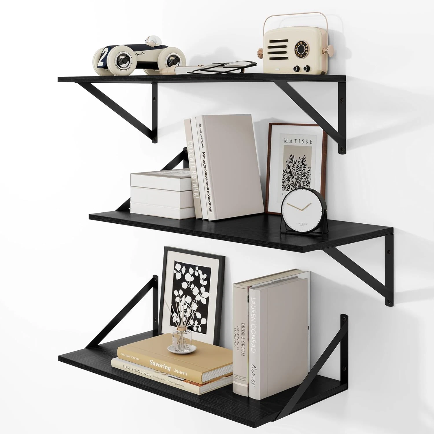 Set of 3 Black 24" Floating Wall Shelves for Books & Decor Storage