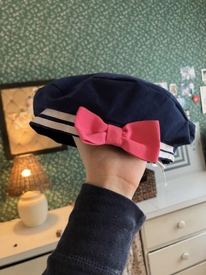 Gymboree Nautical Sailor Hat Pink Bow Beret 2t 3t Navy Blue Vintage