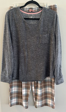 CUDDL DUDS WOMENS Pajama Set Soft Warm Gray Top Plaid Bottoms Size L- CL2