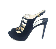 Prada Women's Platform Peep Toe Sandals Slingback Black Suede Laser Cut US 7.5
