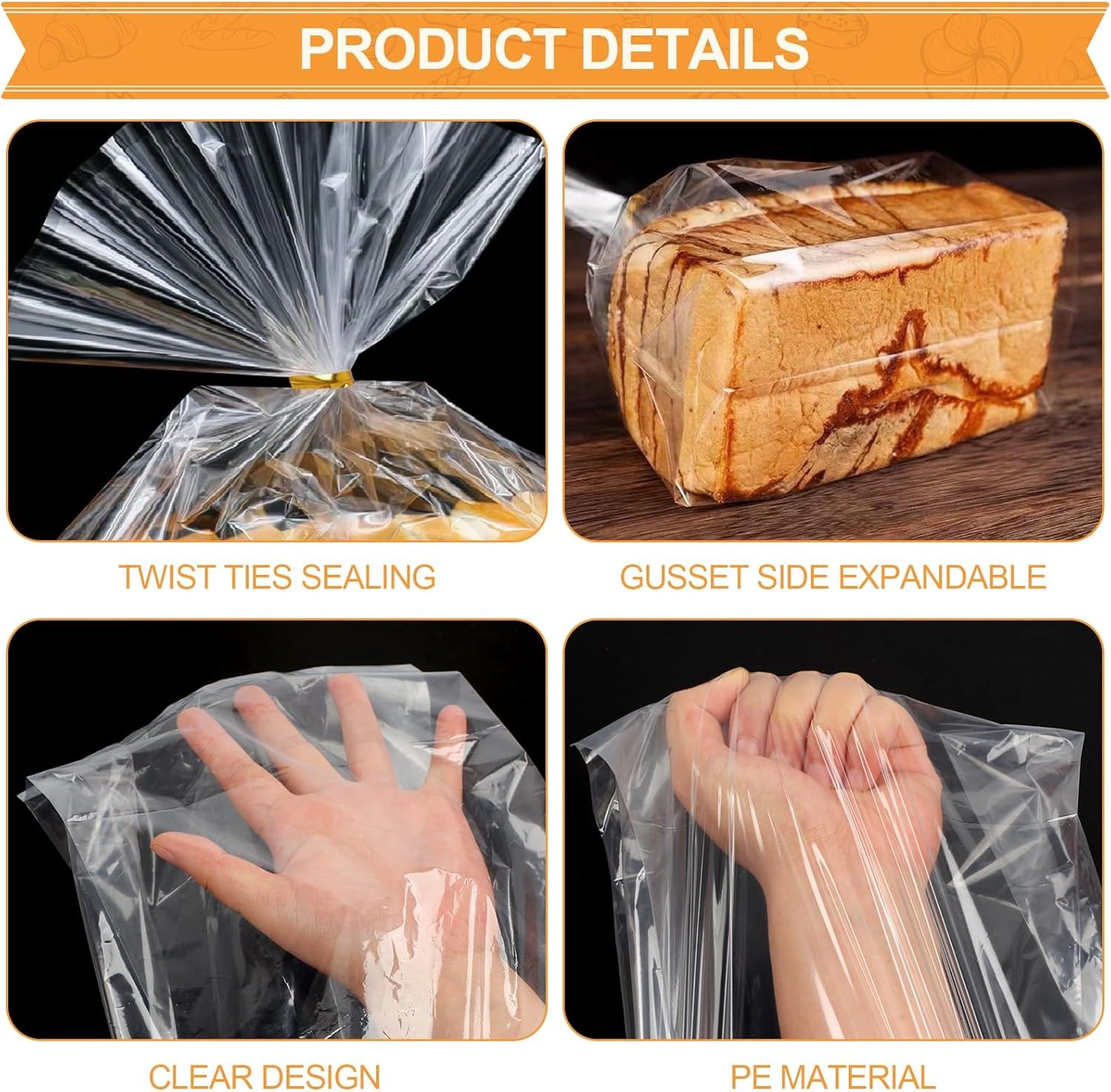 Vivinin 70 Pack Clear Bread Bags (8" x 4" x 18") & 100 One Size, Transparent 
