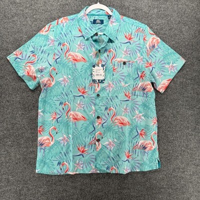 Havana Jim Shirt Mens L Blue Flamingo Hawaiian Button Up Tropical Beach Vacation