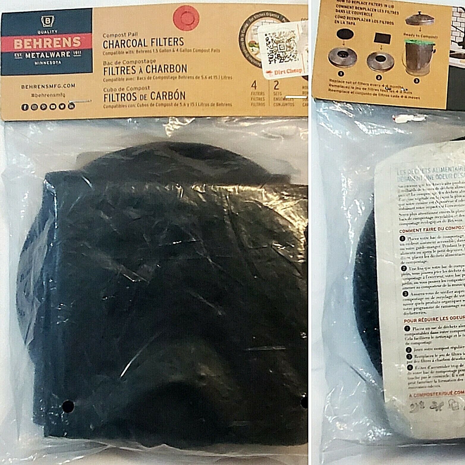 BEHRENS COMPOSTABLE SET CHARCOAL FILTERS FOR COMPOST PAIL 4 COUNT