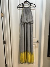 Vince Camuto Black/white Stripe Yellow Hem Maxi Dress Sz14 Halter Black Tassel