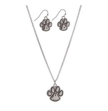 Paw Print 18  Pendant Necklace with matching Earrings Silvertone Set Dog Cat
