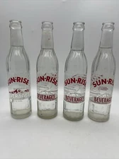 4 Sun-Rise Beverages Vintage Soda Bottle Glass ACL Clear Bottles Red White Label