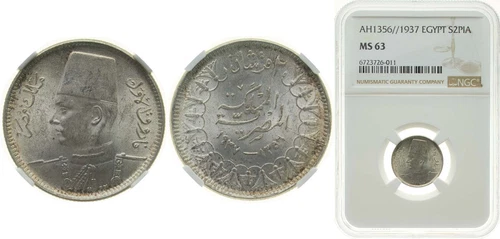 Egypt AH 1356 (1937) 2 Piastres Silver (.833) (Copper .166) NGC MS 63