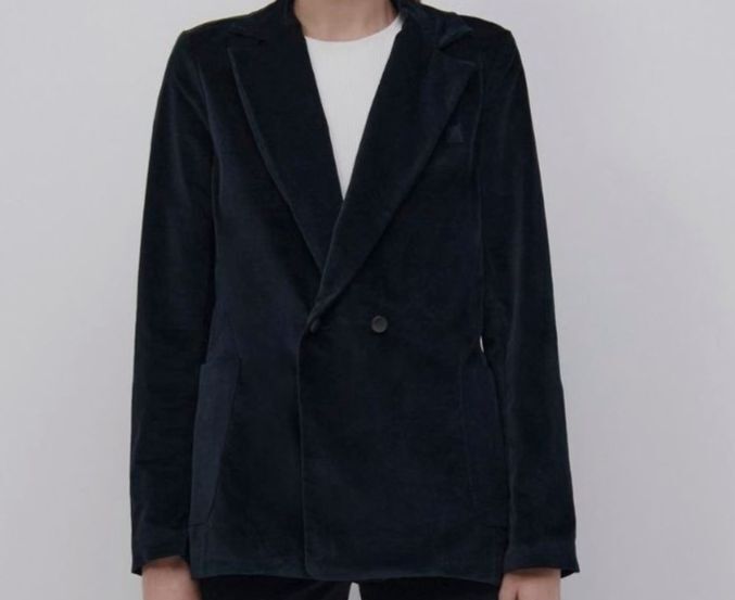 $445 Jonathan Simkhai Women's Blue Paula Boxy Velvet Boyfriend Blazer Jacket S