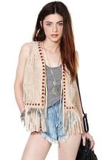 Women's Cow Lady Style Suede Vest Native Language Fringe Leather Western Wear