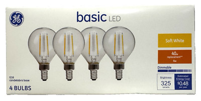 GE LED Light Bulbs G16 Candelabra Soft White 40 Watt Dimmable Clear (4 PACK)