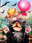 ORIGINAL ACEO  CAT MOUSE BALLOON ACRYLIC PAINTING — photo 1