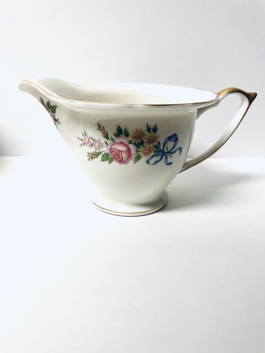 Independence Ironstone IND7 Sugar Bowl Creamer Set Pink Gray Gold Trim Scalloped - Picture 2 of 15