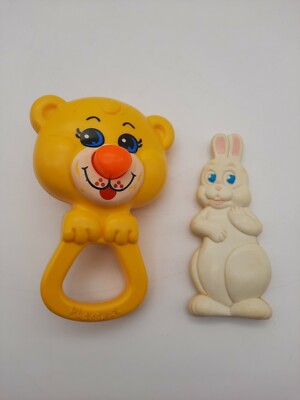Vtg Plastic Baby Rattles White Rabbit and Playskool Bear Nose goes Back & Forth 