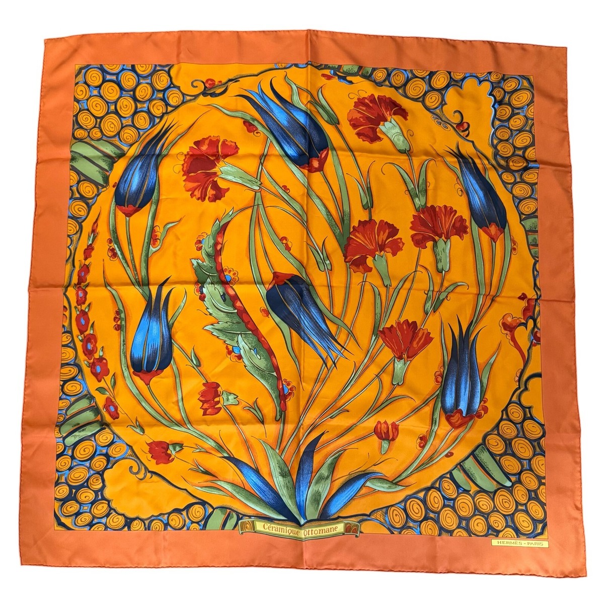HERMES Carre 90 Scarf Ceramique Ottomane Silk 100% Orange